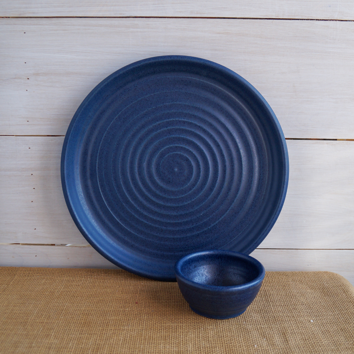 Handcrafted Stoneware Chip n Dip Set- Ridges Denim