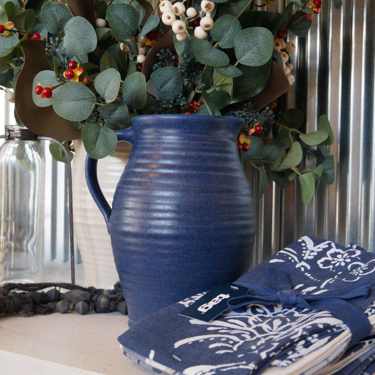 Handcrafted Stoneware Pitcher- Ridges Denim