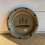Rowe Pottery handmade stoneware pie plate with Northwoods Pine tree pattern