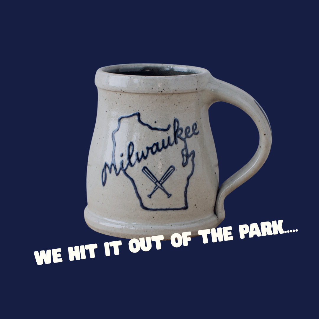 Rowe Pottery Handcrafted Stoneware classic mug in a Milwaukee baseball pattern and glazed finish.