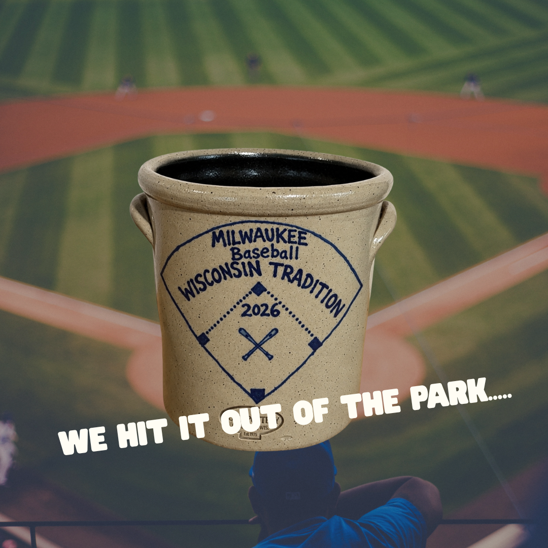 Rowe Pottery Handcrafted Stoneware Crock with Milwaukee Baseball Pattern and glazed finish.