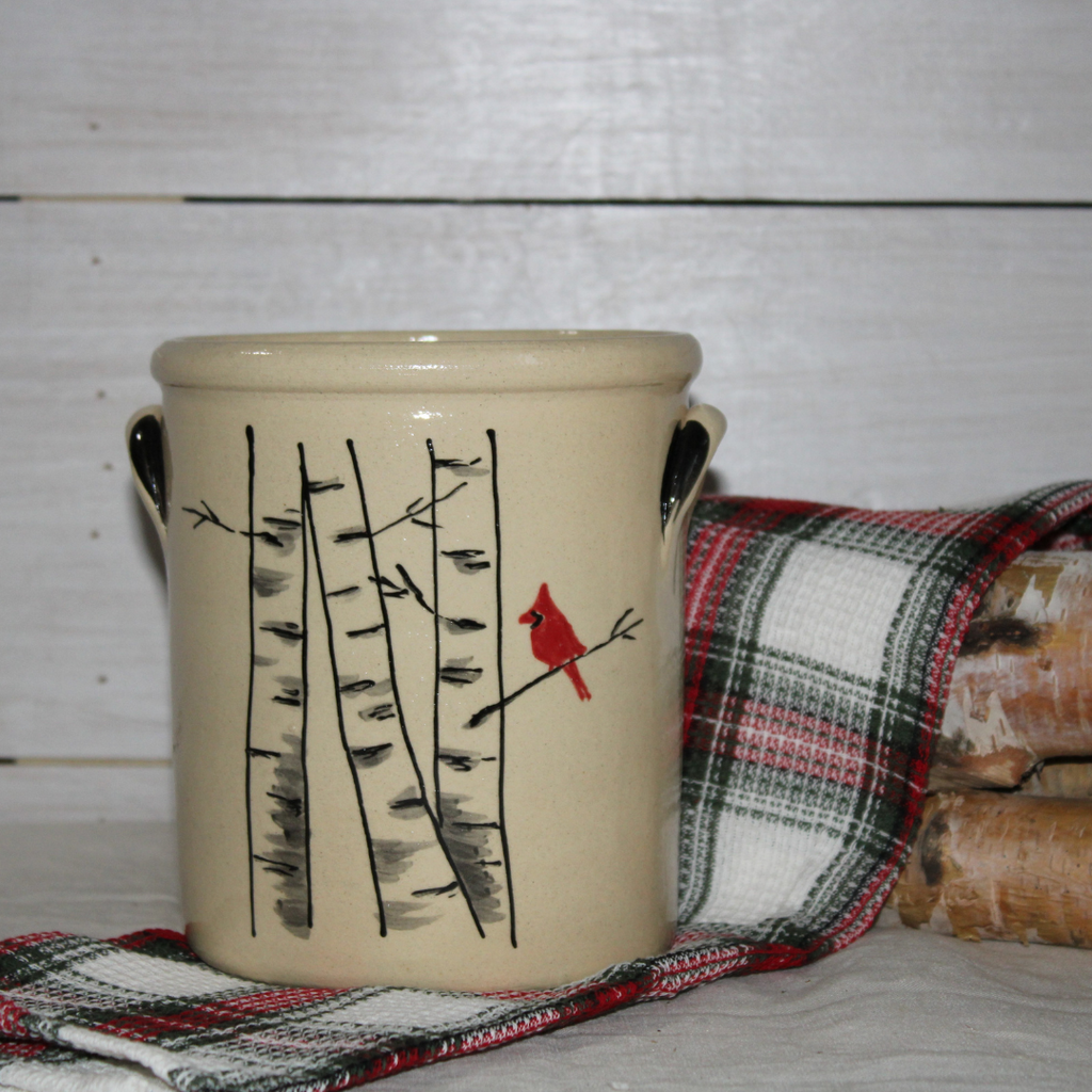 Rowe Pottery Handcrafted Stoneware Classic 1/2 Gallon Crock in our Winter Birch Pattern.