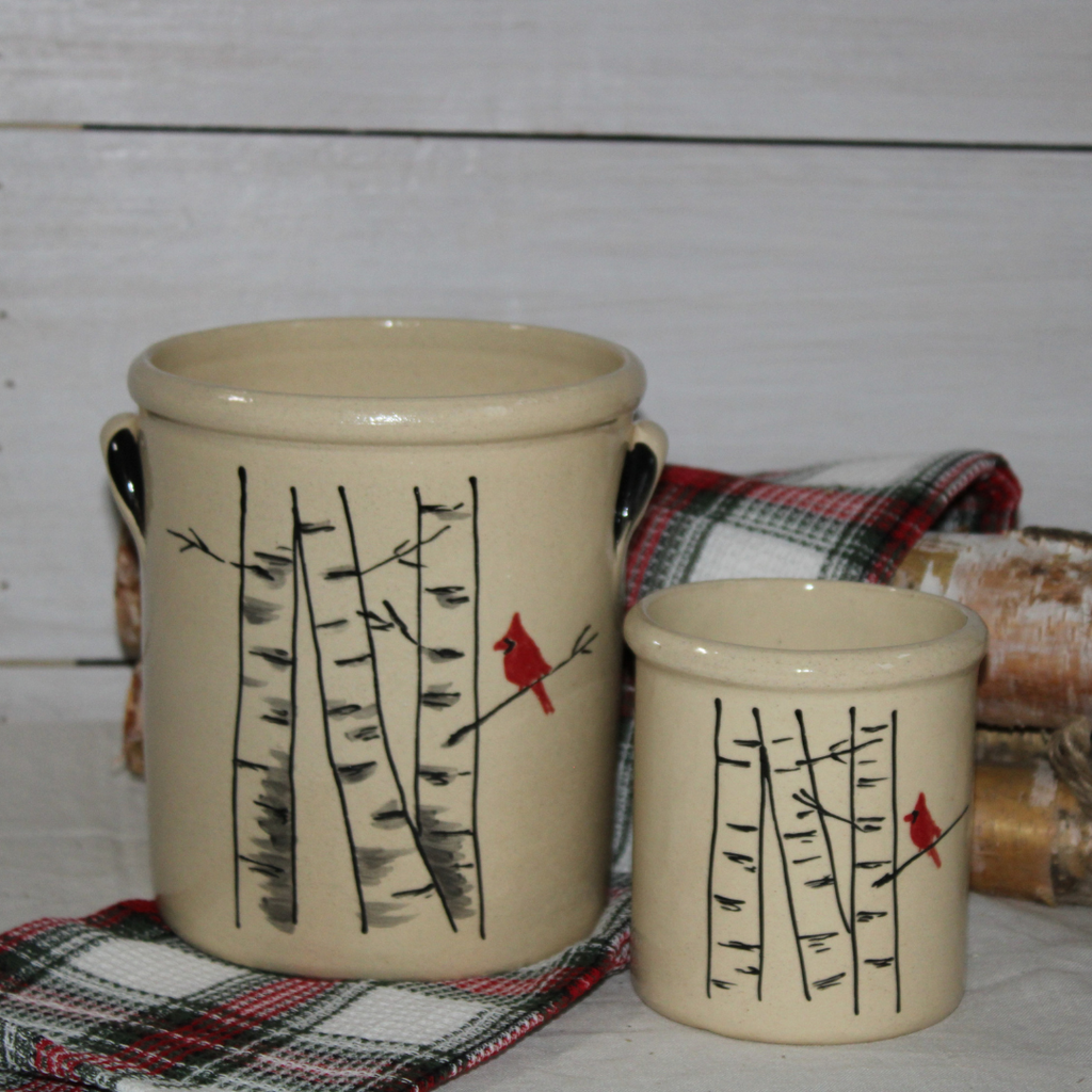 Rowe Pottery handmade stoneware candle crock and 1 gallon crock in a hand decorated winter birch pattern