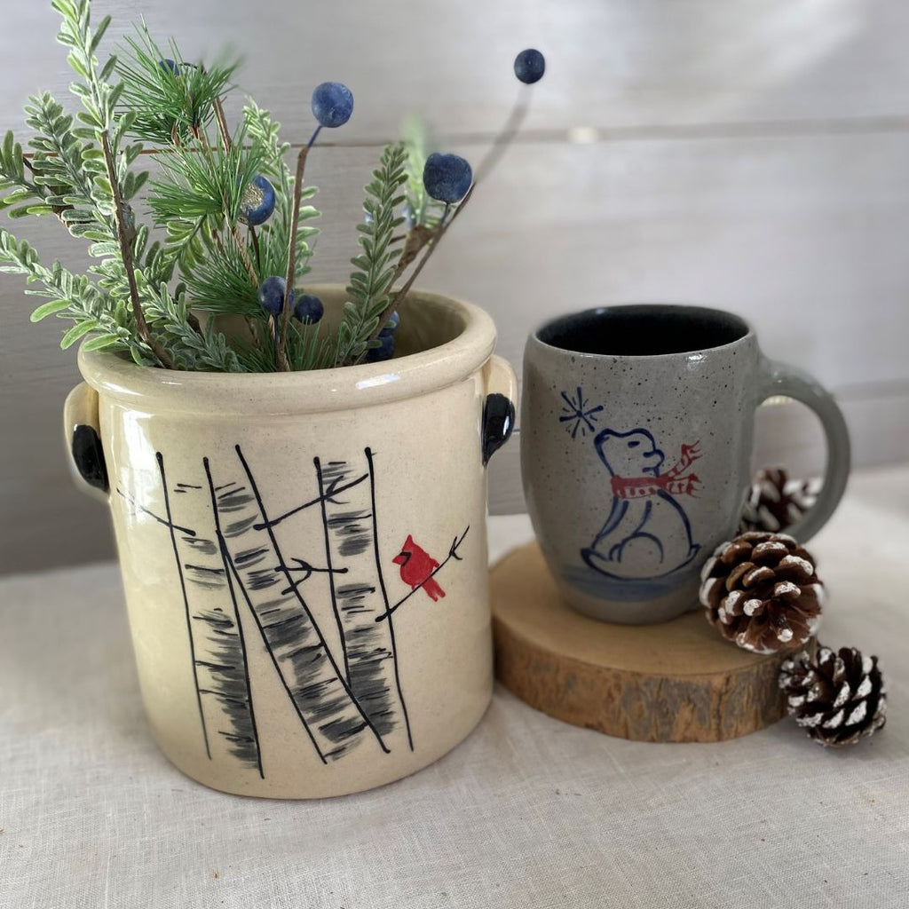 Rowe Pottery hand thrown winter birch crock with polar bear mug
