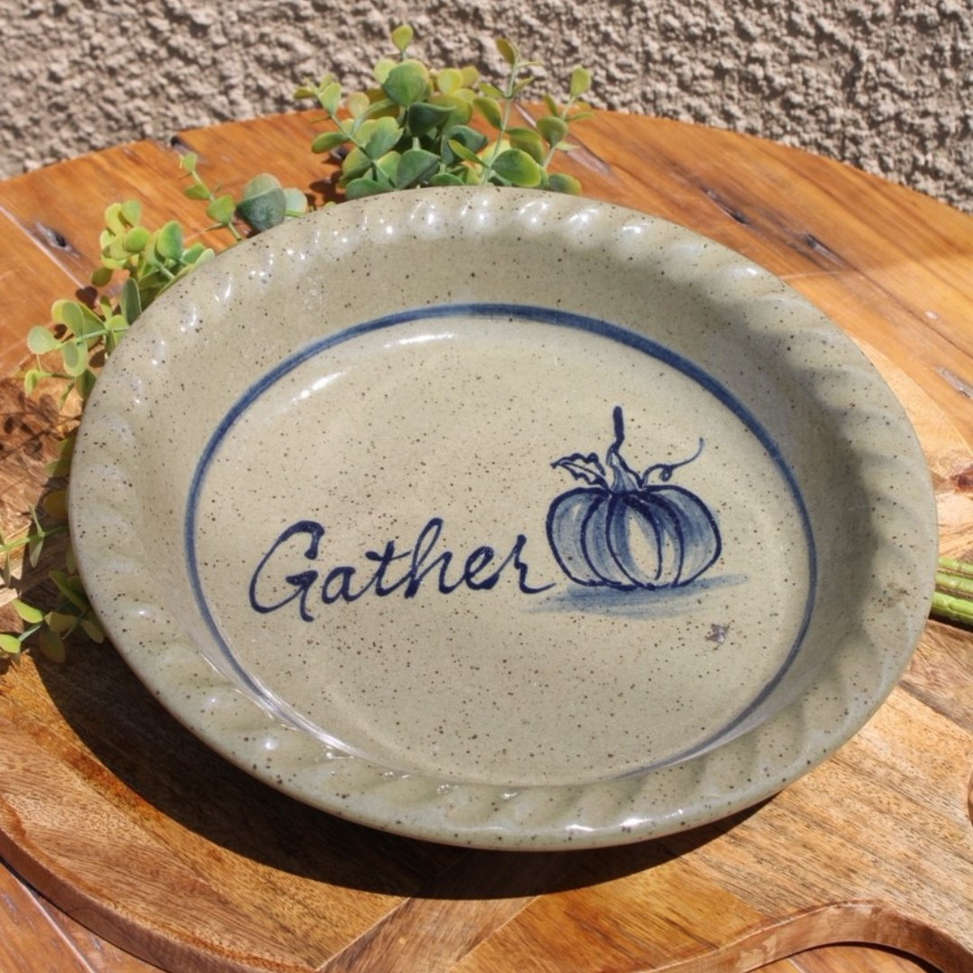Rowe Pottery handmade stoneware pie plate with Gather Pumpkin pattern