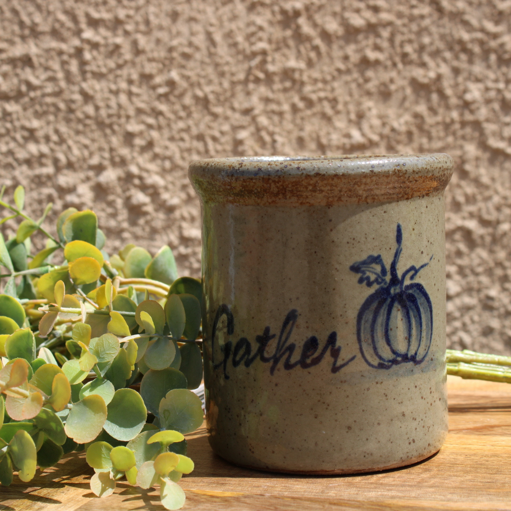 Rowe Pottery handmade stoneware candle crock in a hand decorated Gather Pumpkin pattern