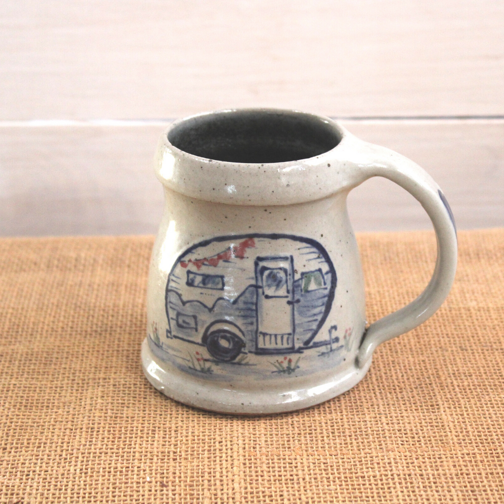 Rowe Pottery Hand thrown stoneware mug In a hand decorated Happy Camper pattern