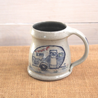 Rowe Pottery Hand thrown stoneware mug In a hand decorated Happy Camper pattern