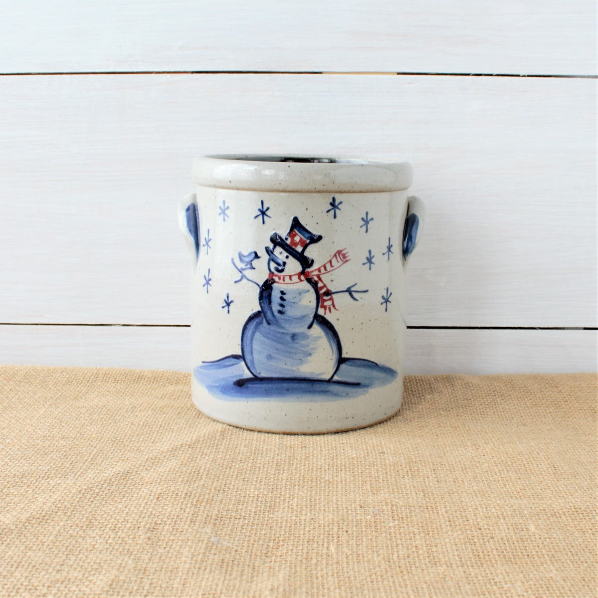 Rowe Pottery Handcrafted Stoneware Classic 1/2 Gallon Crock in our Snowman Pattern.