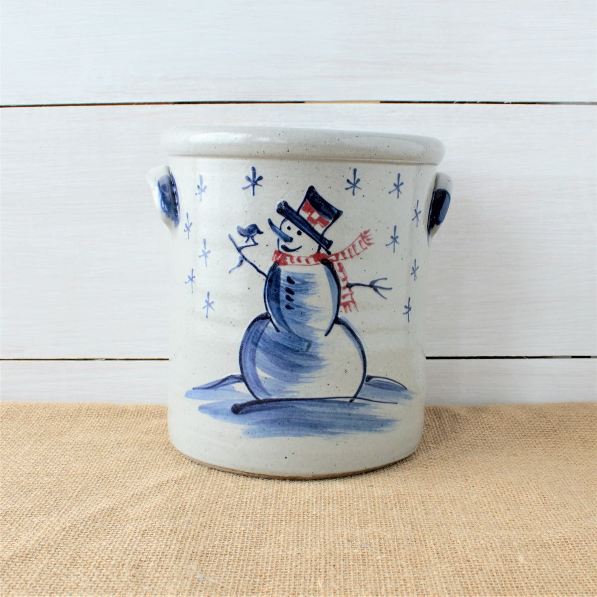 Rowe Pottery Handcrafted Stoneware Classic 1/2 Gallon Crock in our Snowman Pattern.