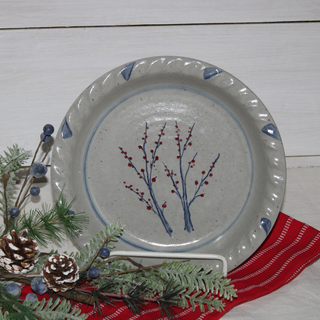 Rowe Pottery handmade stoneware pie plate with Winter Berry pattern