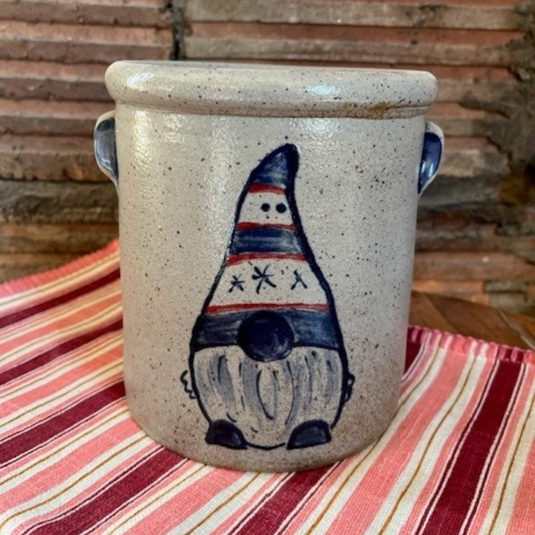 Rowe Pottery Handcrafted Stoneware Classic 1/2 Gallon Crock in our Gnome Pattern.