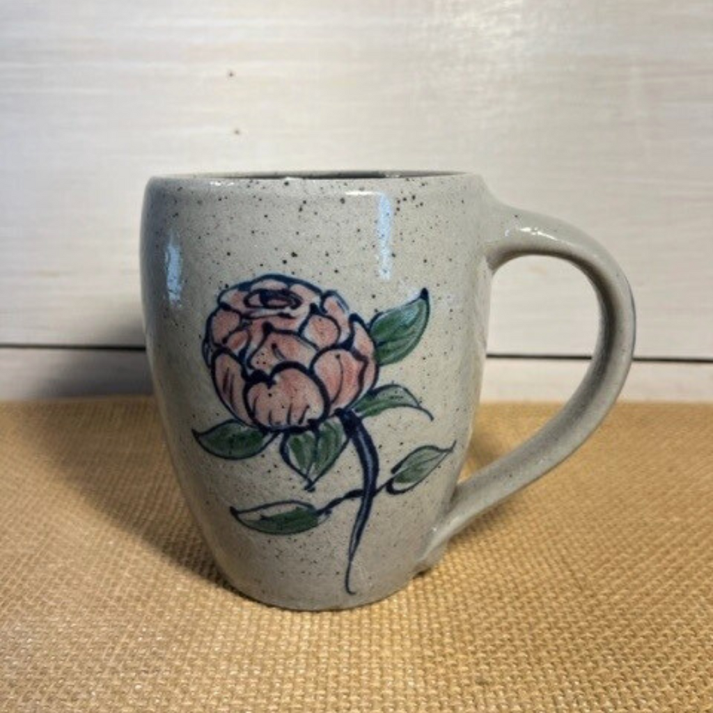 Rowe Pottery Hand thrown stoneware mug In a hand decorated Peony pattern