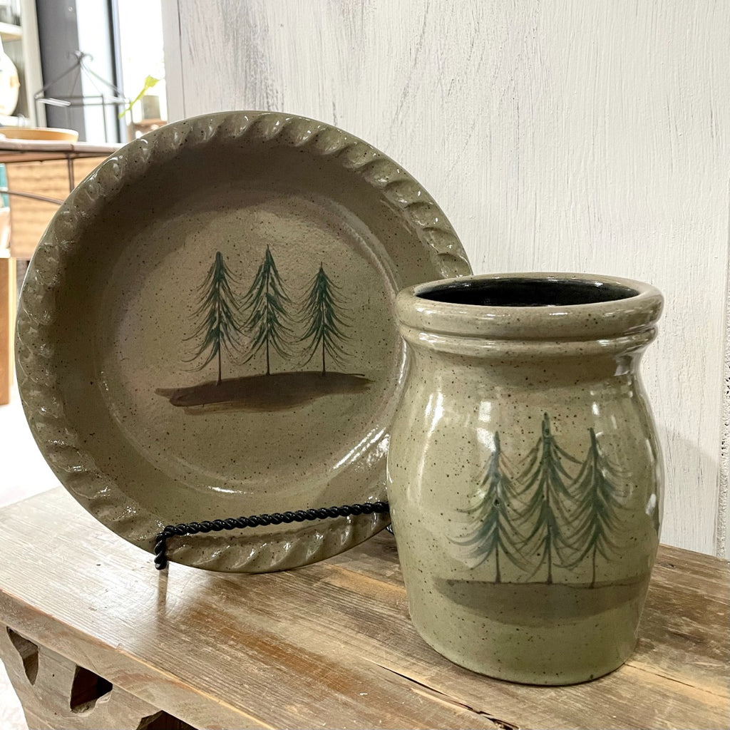 Rowe Pottery handmade stoneware pie plate with Northwoods pattern and Utensil jar with Northwoods pattern