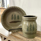 Rowe Pottery handmade stoneware pie plate with Northwoods pattern and Utensil jar with Northwoods pattern