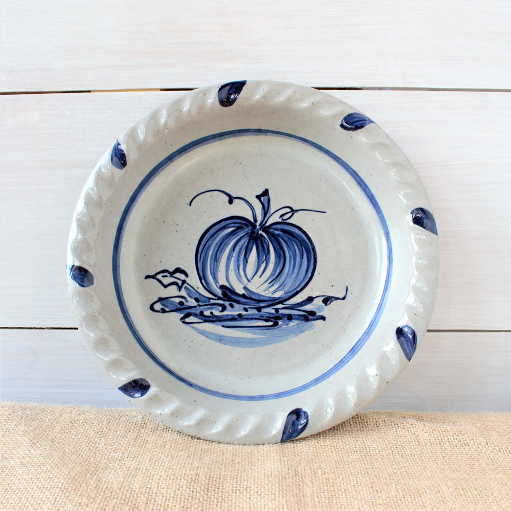 Rowe Pottery handmade stoneware pie plate with Pumpkin pattern
