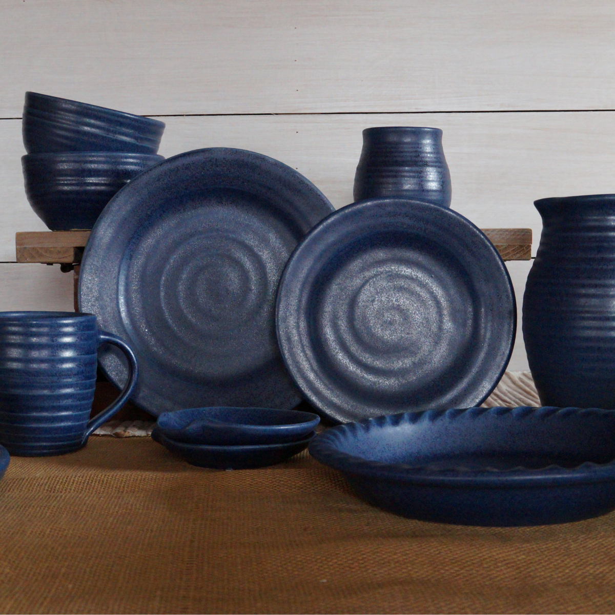Handcrafted Stoneware Salad Bowl- Ridges Denim