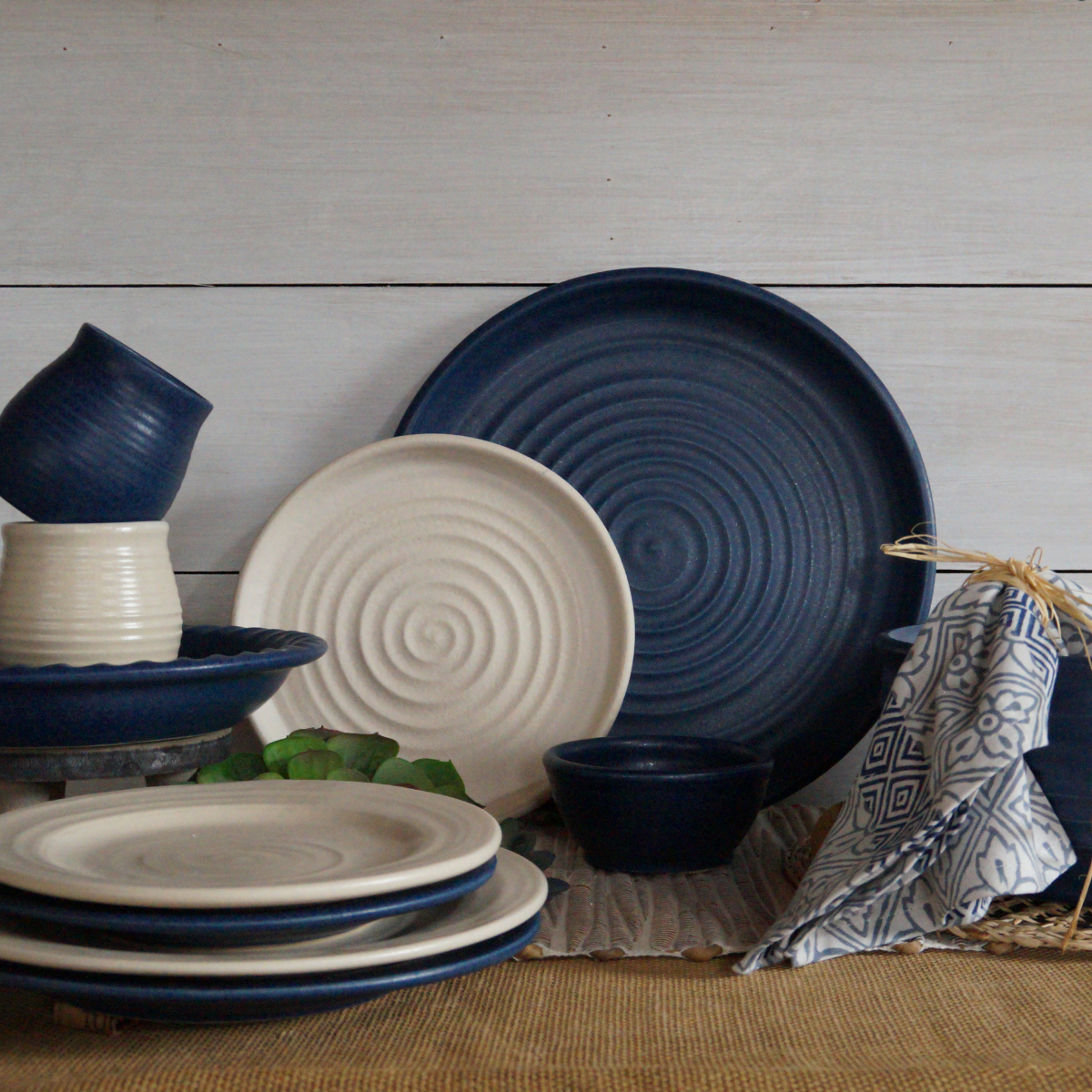Handcrafted Stoneware Salad Bowl- Ridges Denim