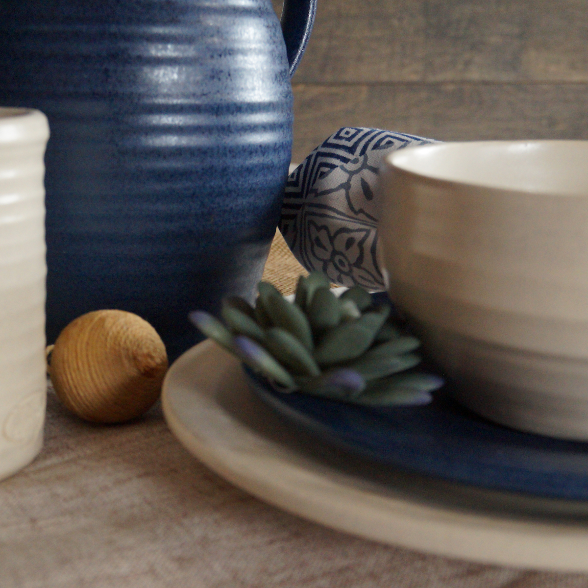 Handcrafted Stoneware Salad Bowl- Ridges Denim
