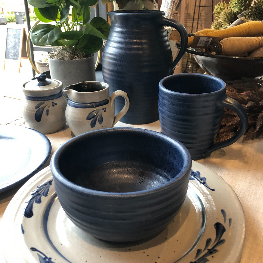 Handcrafted Stoneware Salad Bowl- Ridges Denim