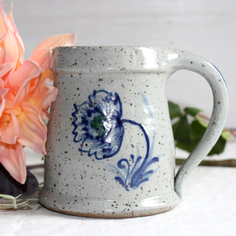 Rowe Pottery Hand thrown stoneware mug In a hand decorated Dahlia pattern