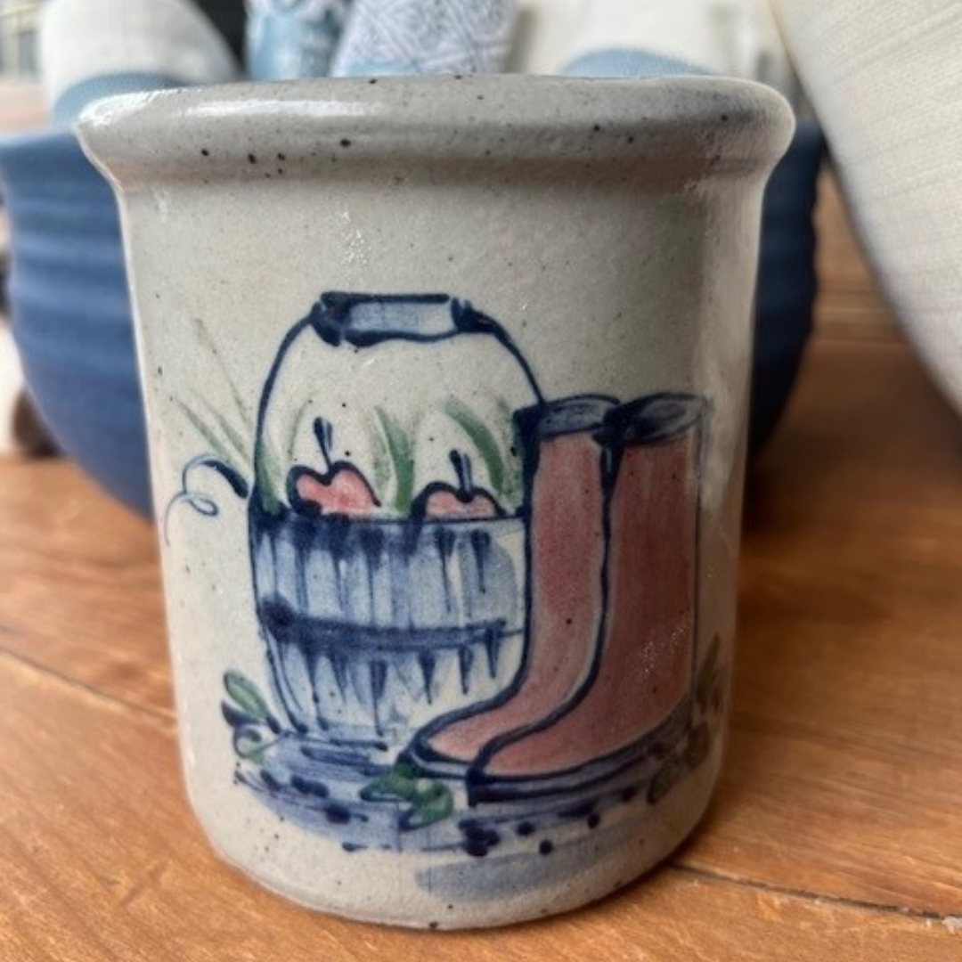 Rowe Pottery handmade stoneware candle crock in a hand decorated Garden boots pattern