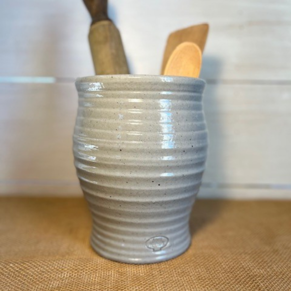 Handcrafted Pottery Utensil Jar- Ridges Classic Gray