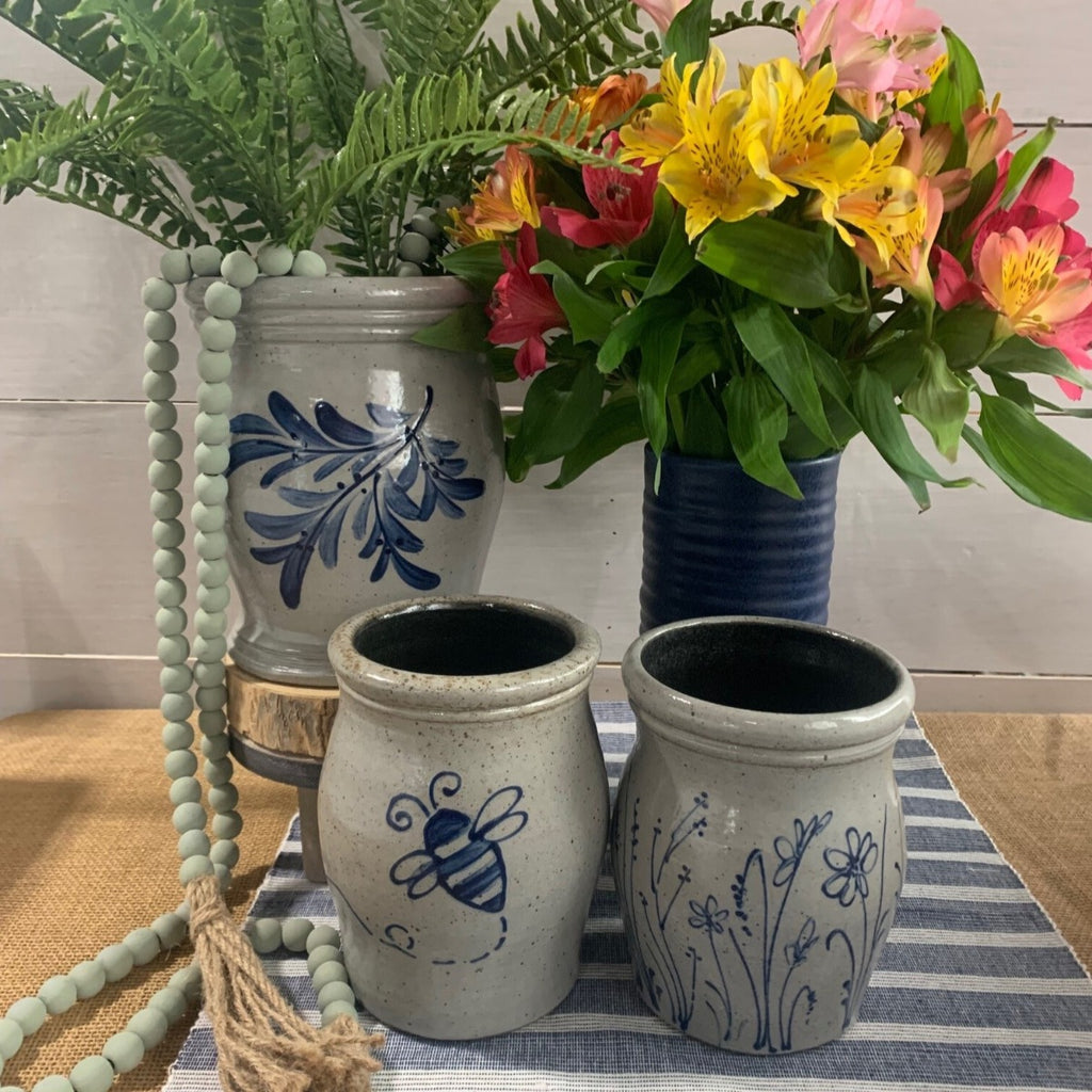 Handcrafted Stoneware Vase- Ridges 9" Denim