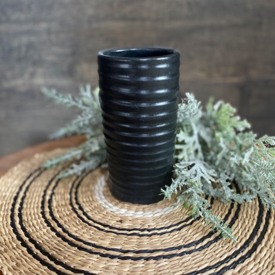 Hand thrown Farmhouse ridges black tie 7 inch vase